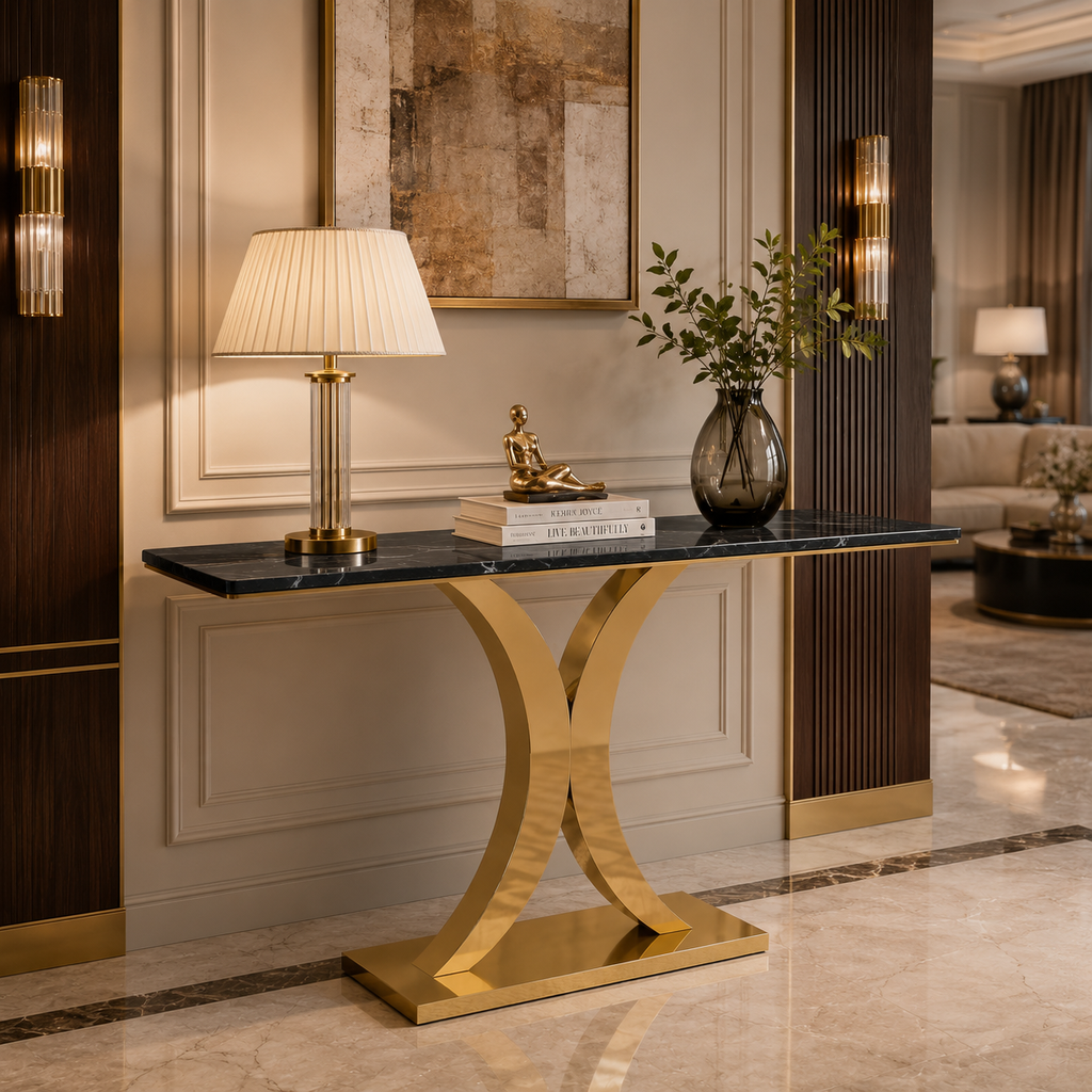 Luxury Crescent Base Gold SS Console Table with Marble Top