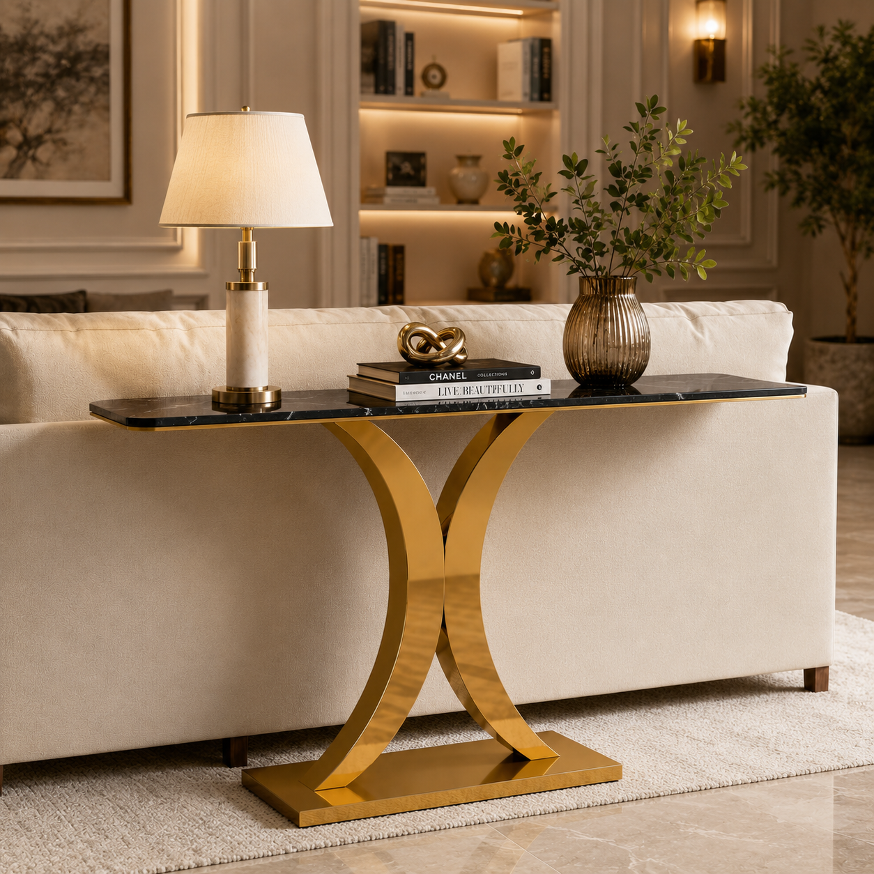 Luxury Crescent Base Gold SS Console Table with Marble Top