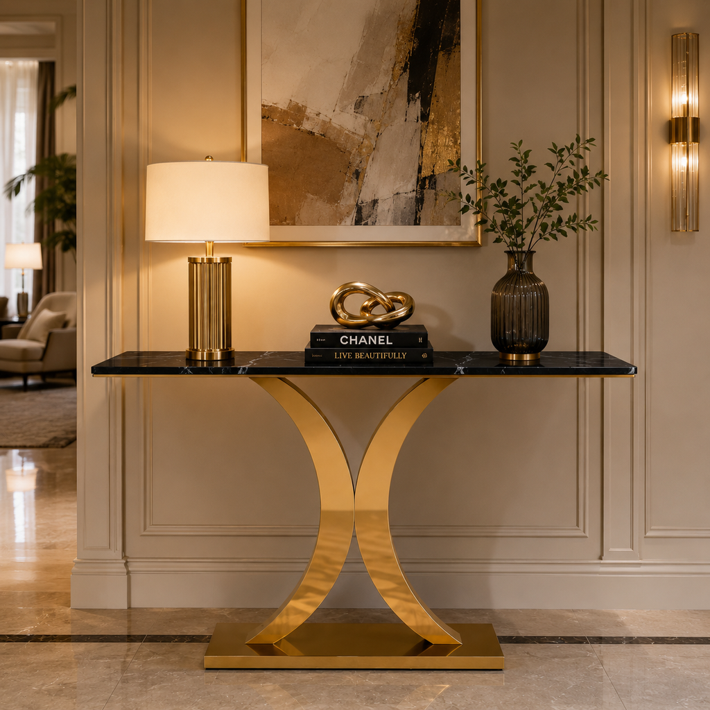 Luxury Crescent Base Gold SS Console Table with Marble Top