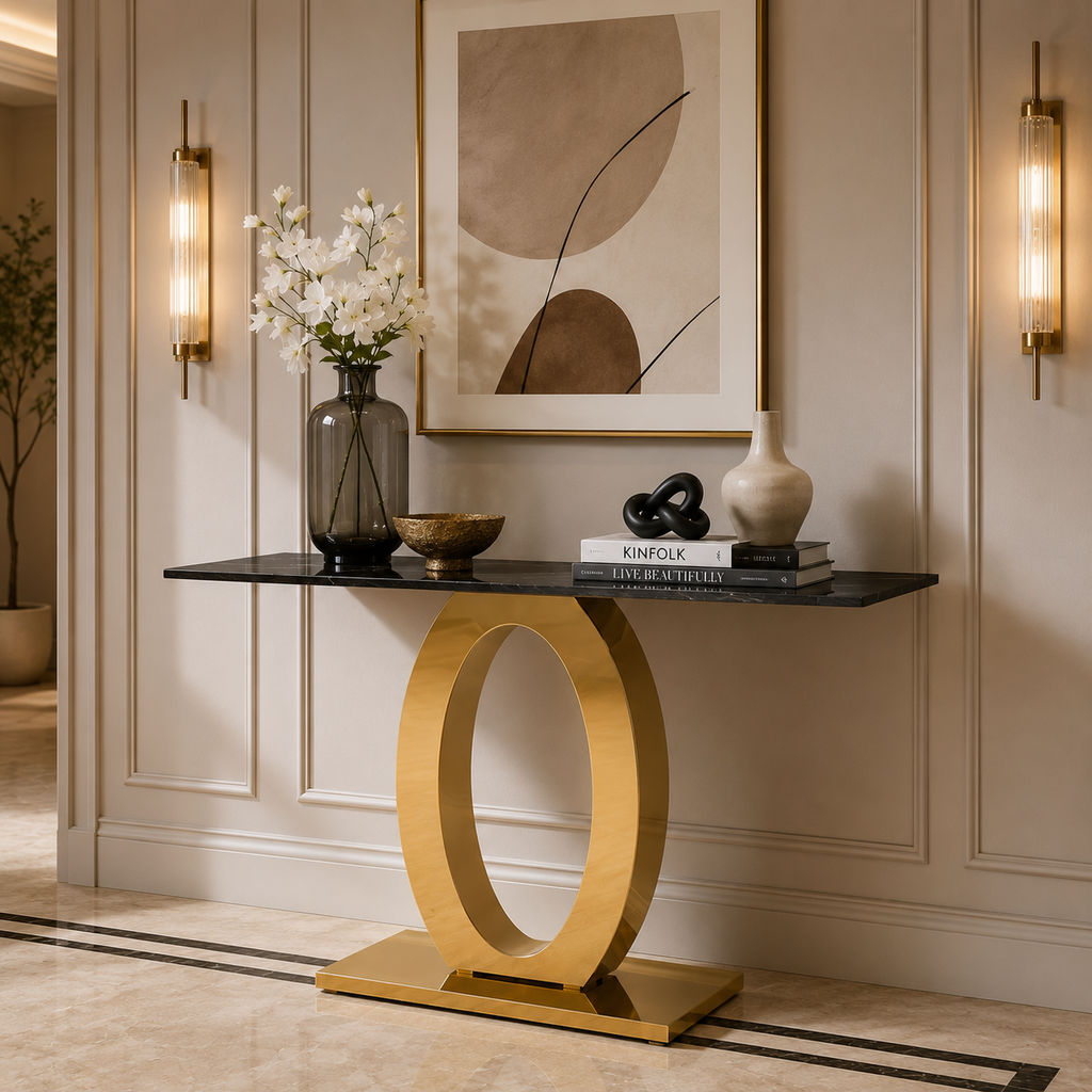 Luxury Oval Ring Base Gold SS Console Table with Marble Top