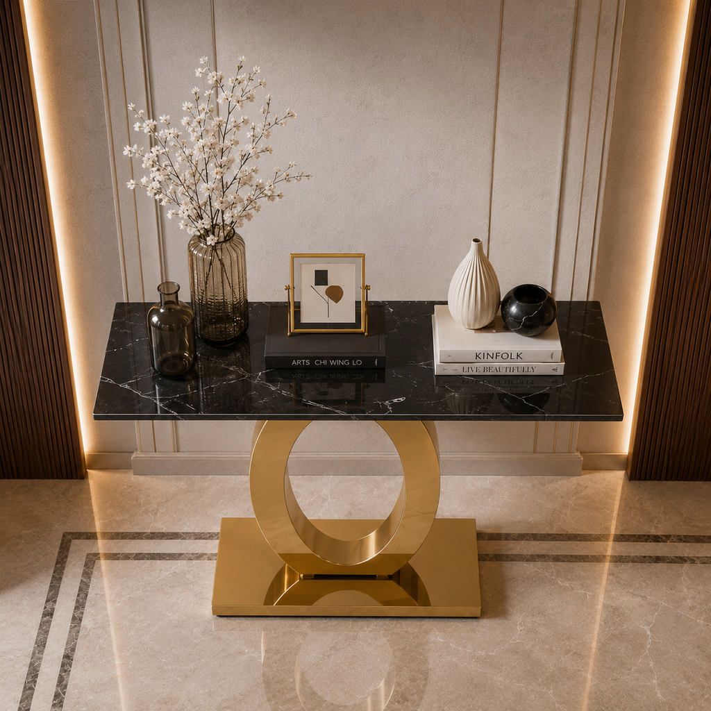Luxury Oval Ring Base Gold SS Console Table with Marble Top