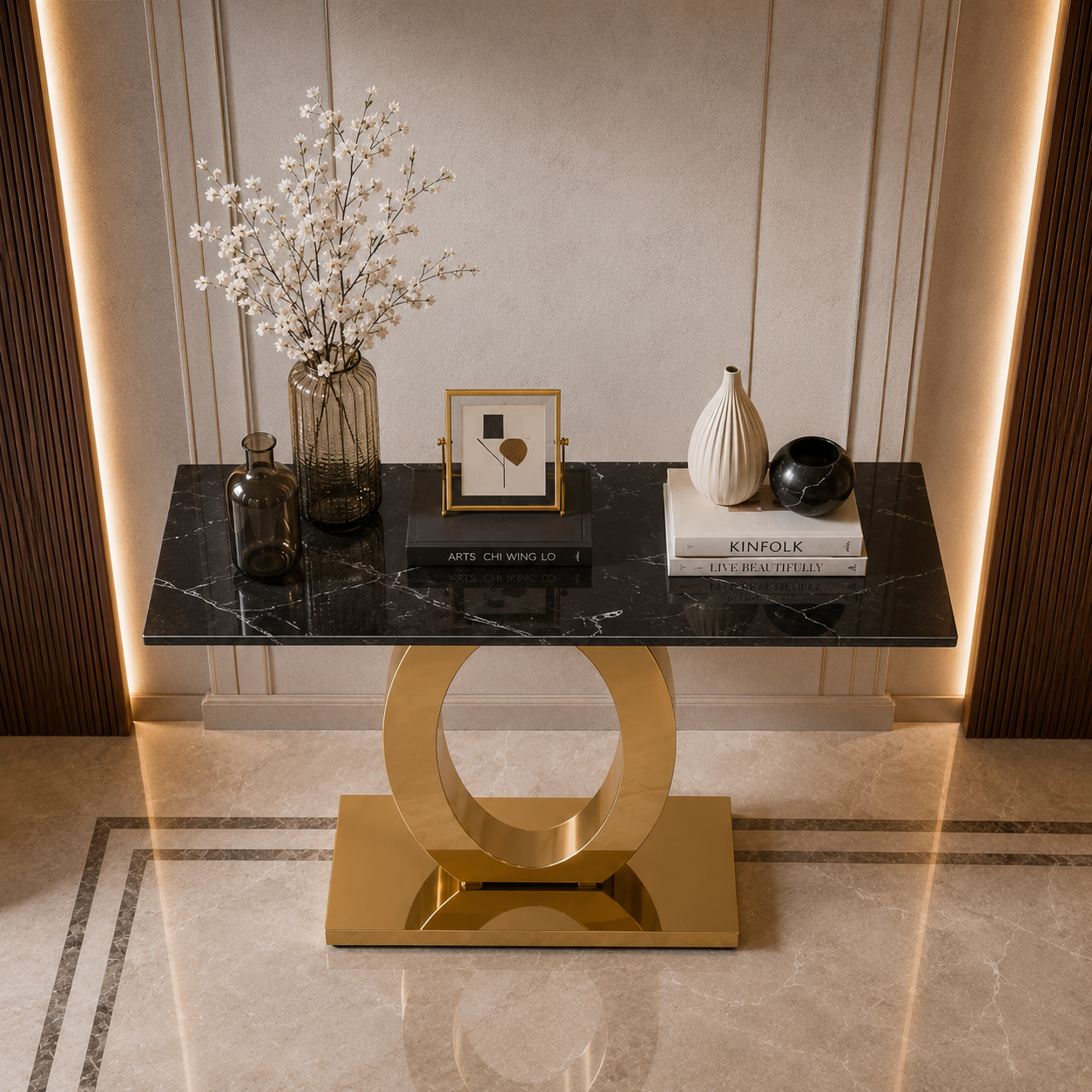 Luxury Oval Ring Base Gold SS Console Table with Marble Top