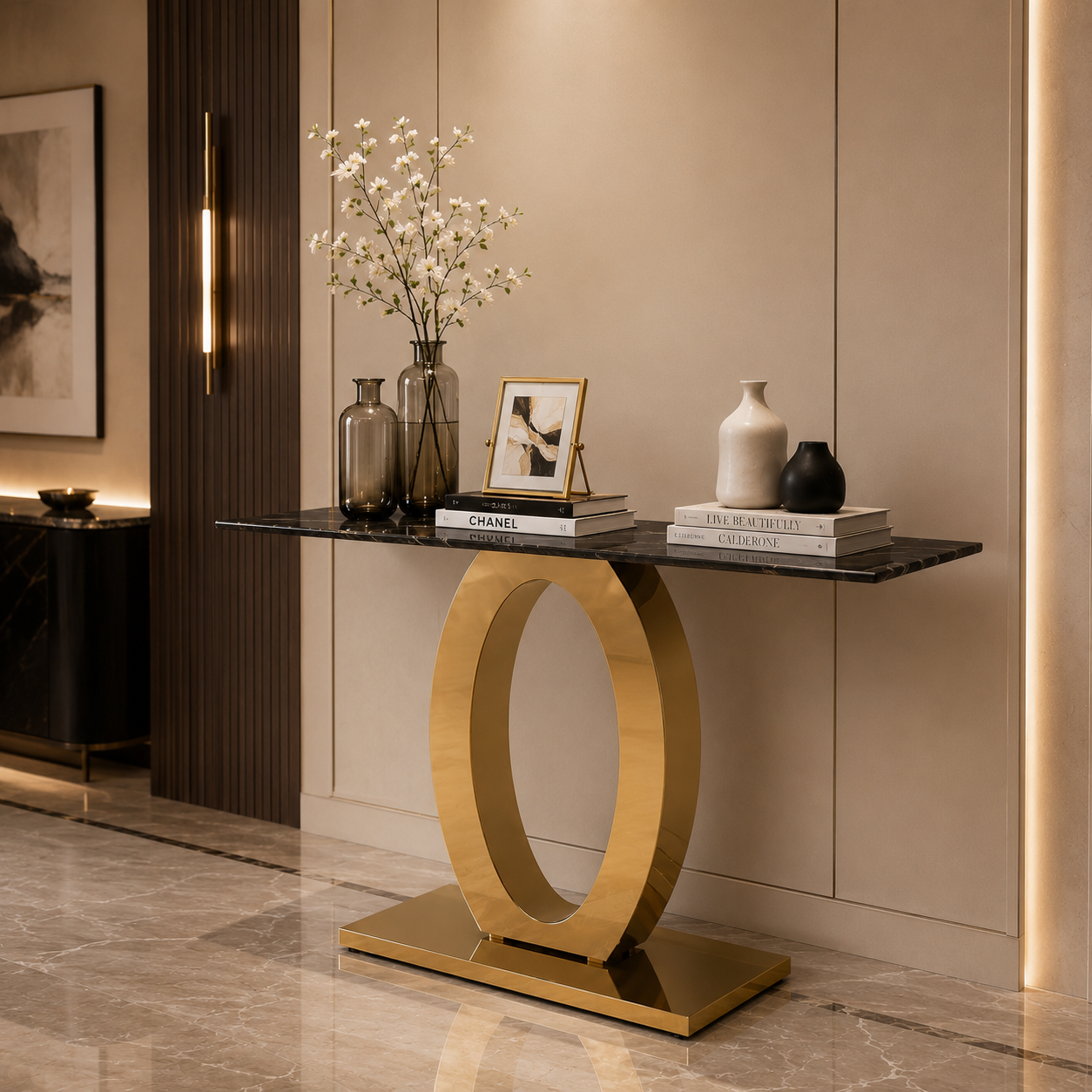 Luxury Oval Ring Base Gold SS Console Table with Marble Top