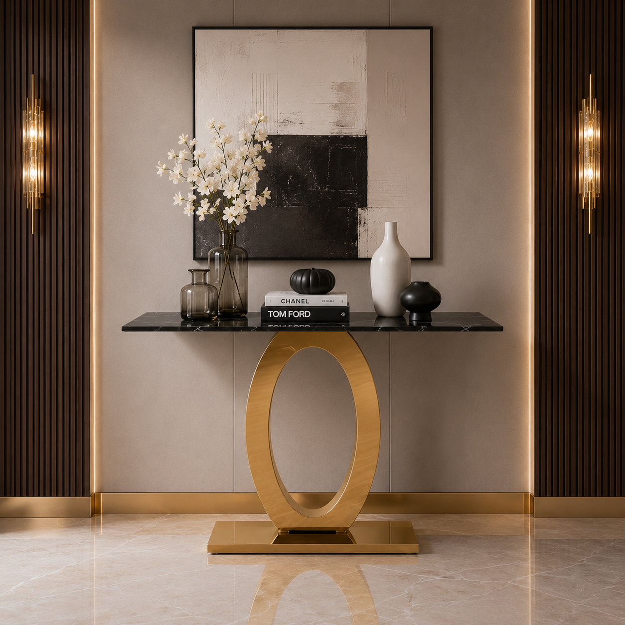 Luxury Oval Ring Base Gold SS Console Table with Marble Top