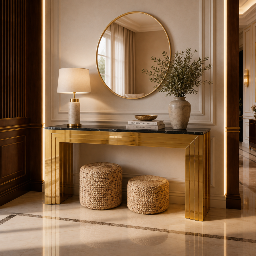Premium Gold Stainless Steel Tiered Frame Console Table – Marble Top