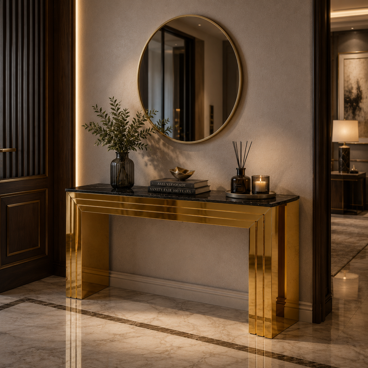 Premium Gold Stainless Steel Tiered Frame Console Table – Marble Top