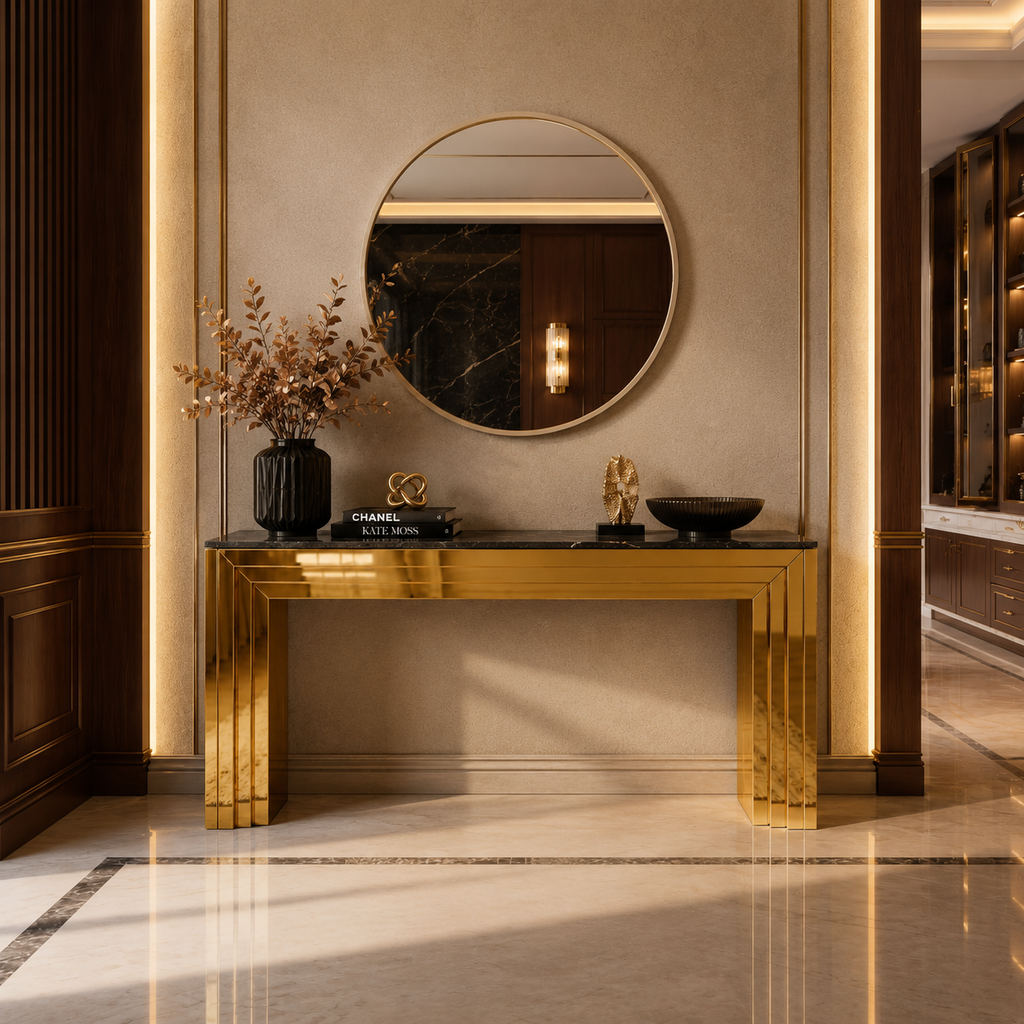 Premium Gold Stainless Steel Tiered Frame Console Table – Marble Top