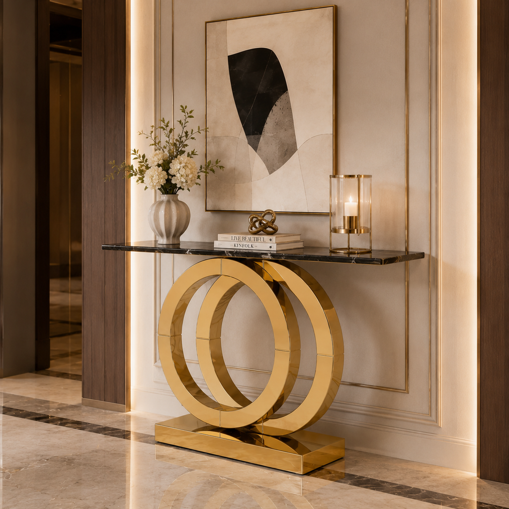 Gold SS Double Ring Console Table with Marble Top