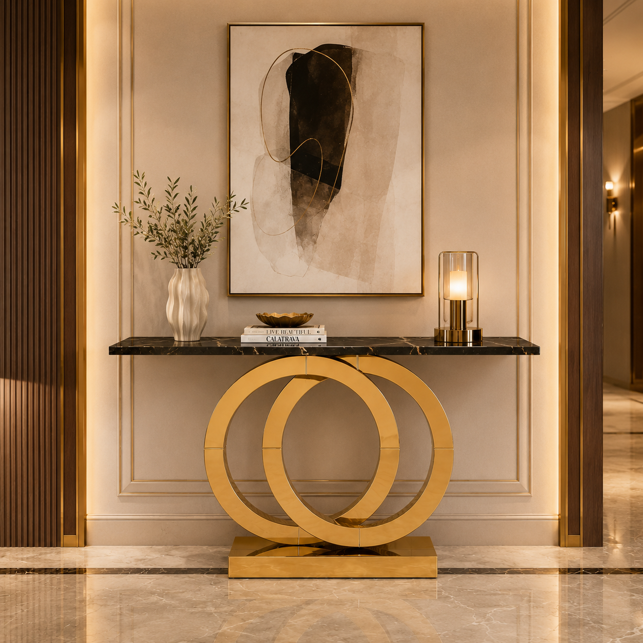 Gold SS Double Ring Console Table with Marble Top