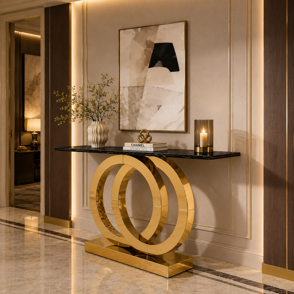 Gold SS Double Ring Console Table with Marble Top