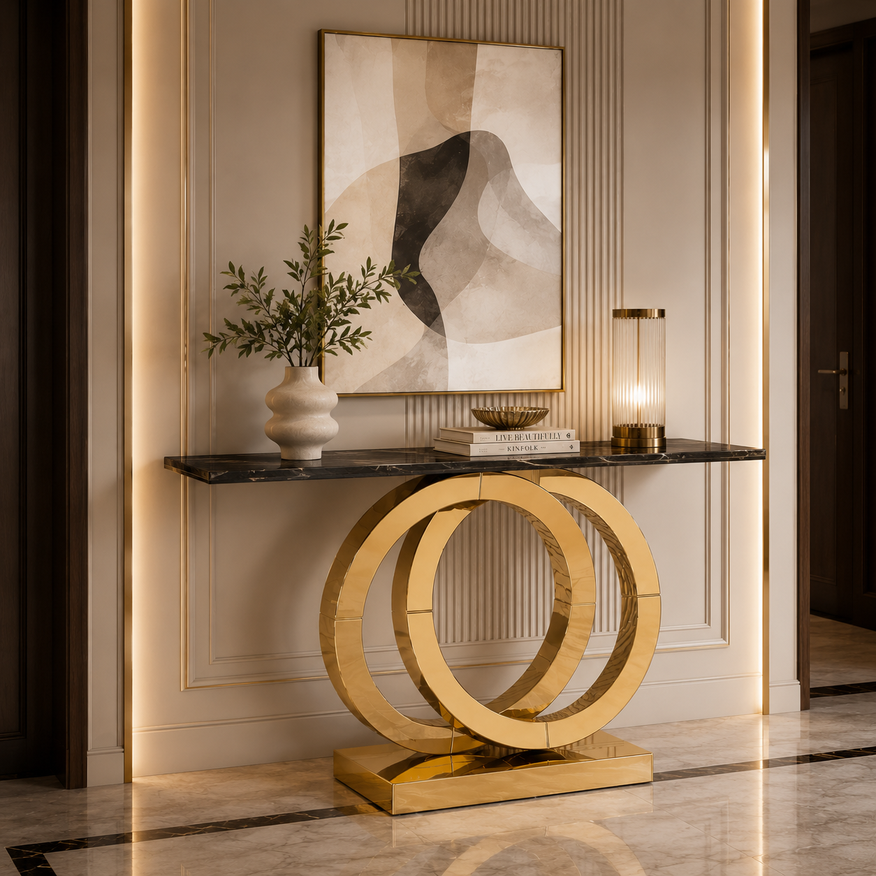 Gold SS Double Ring Console Table with Marble Top