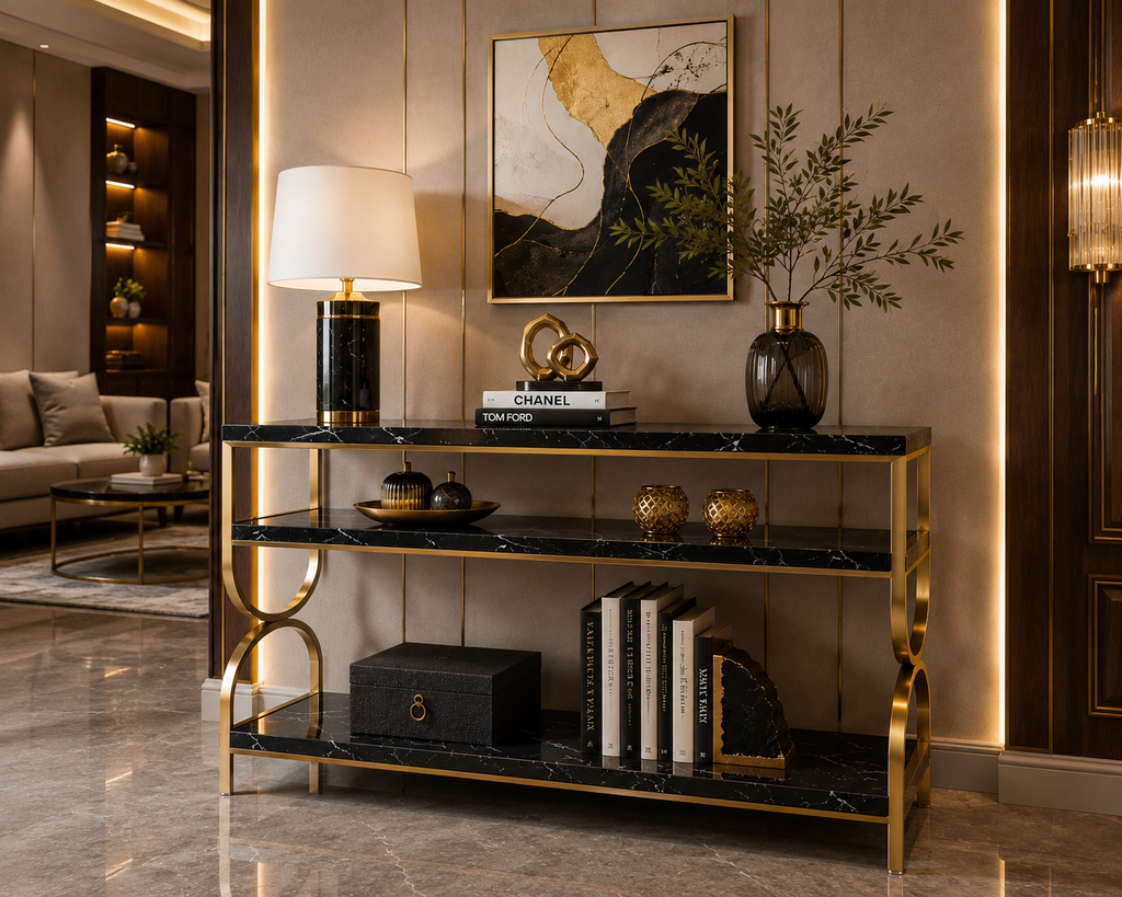 Premium Gold Stainless Steel Multi-Layer Console Table – Marble Top