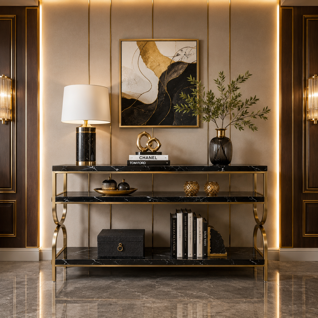 Premium Gold Stainless Steel Multi-Layer Console Table – Marble Top
