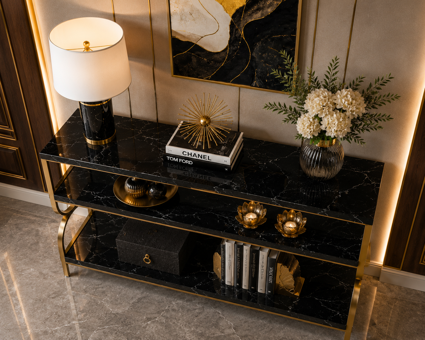 Premium Gold Stainless Steel Multi-Layer Console Table – Marble Top