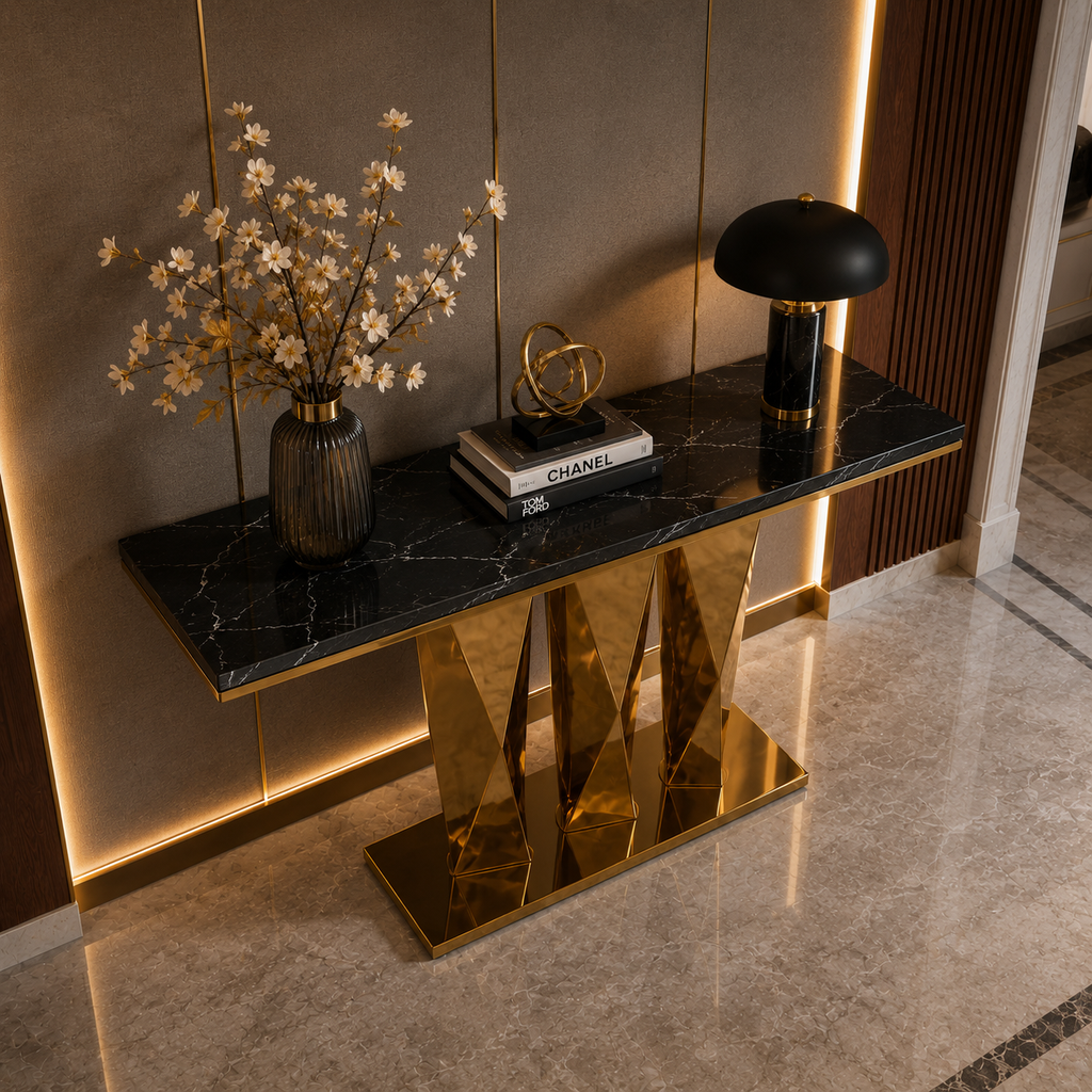 Contemporary Gold Stainless Steel Console Table with Zigzag Geometric Base
