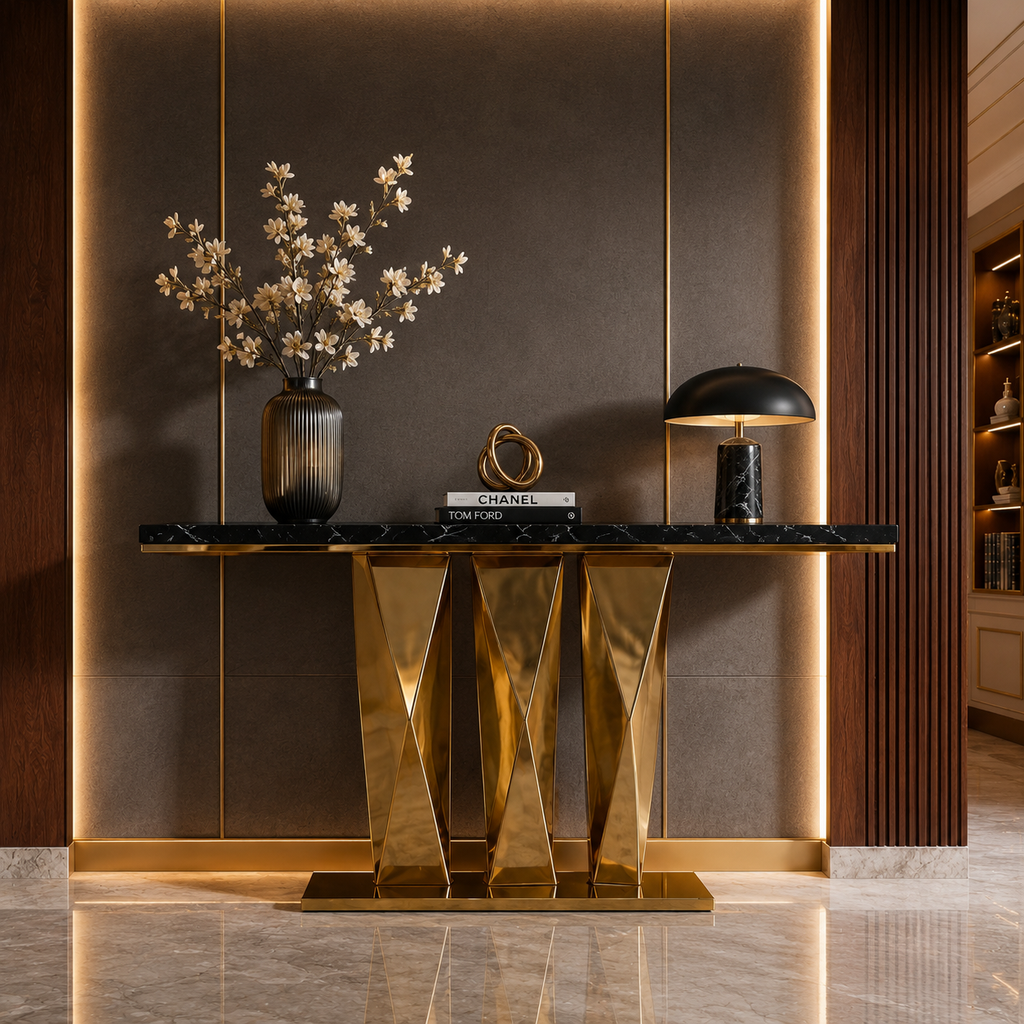 Contemporary Gold Stainless Steel Console Table with Zigzag Geometric Base