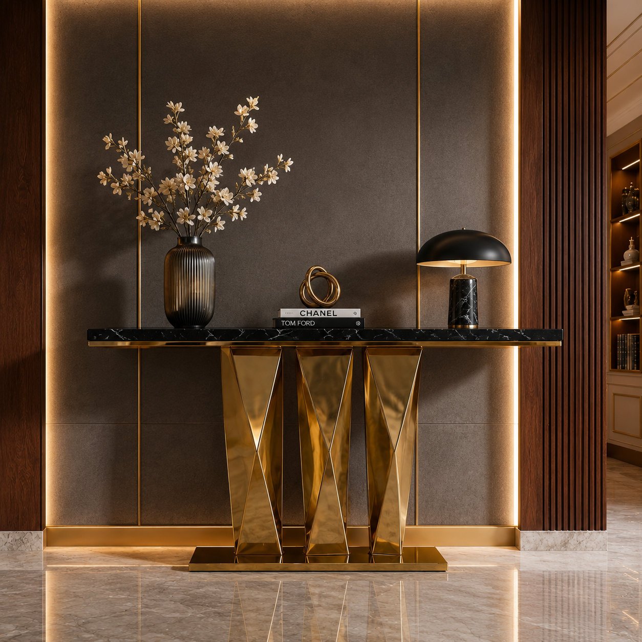 Contemporary Gold Stainless Steel Console Table with Zigzag Geometric Base