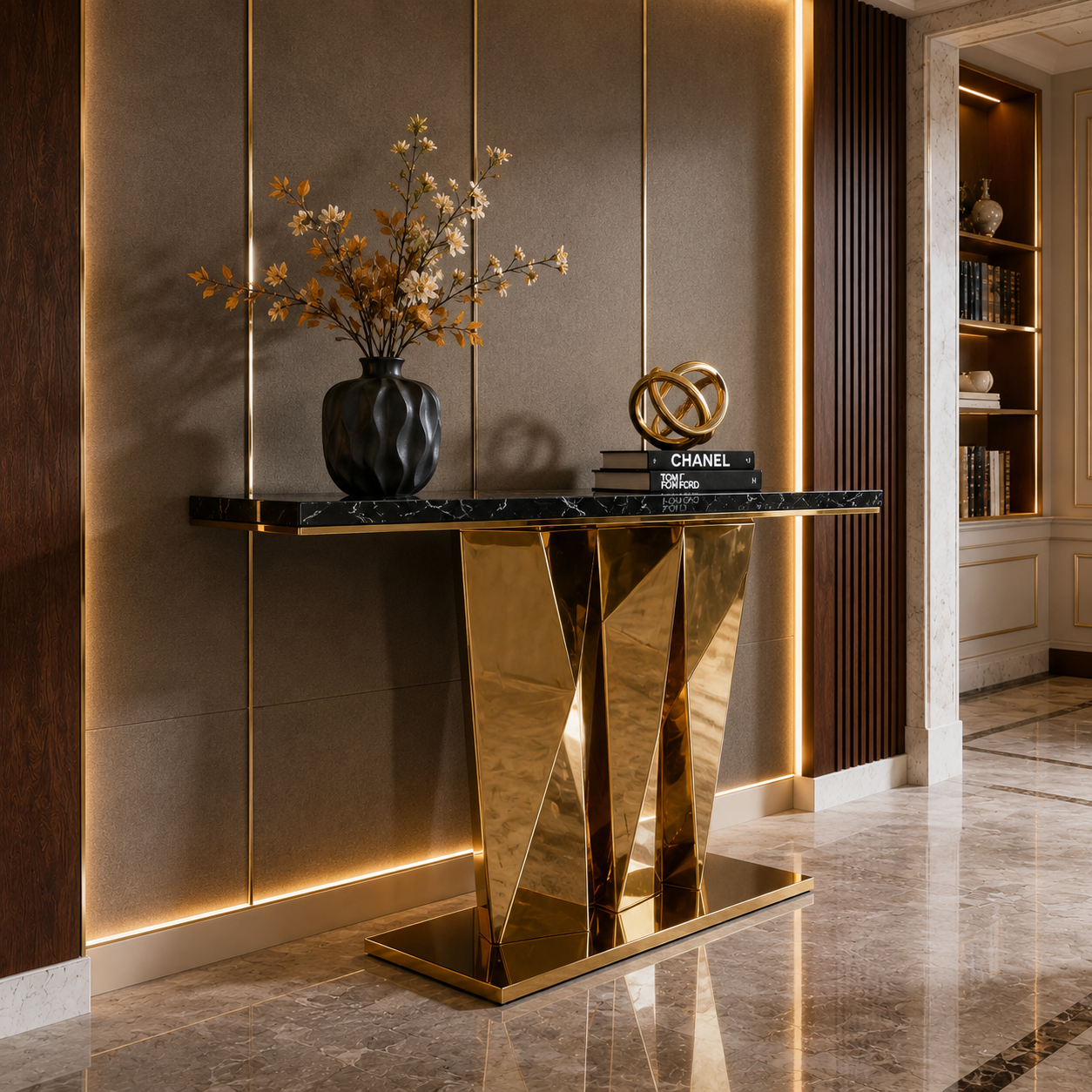 Contemporary Gold Stainless Steel Console Table with Zigzag Geometric Base