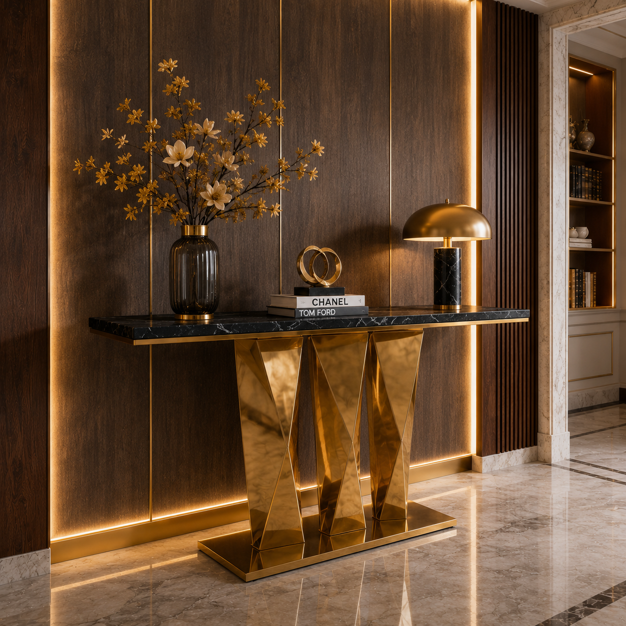 Contemporary Gold Stainless Steel Console Table with Zigzag Geometric Base