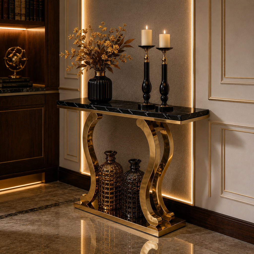 Premium Gold Stainless Steel Harp-Shape Console Table – Marble Top
