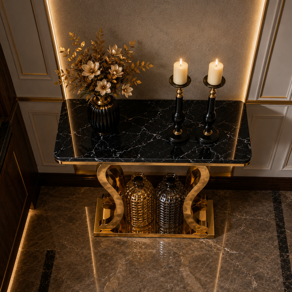 Premium Gold Stainless Steel Harp-Shape Console Table – Marble Top