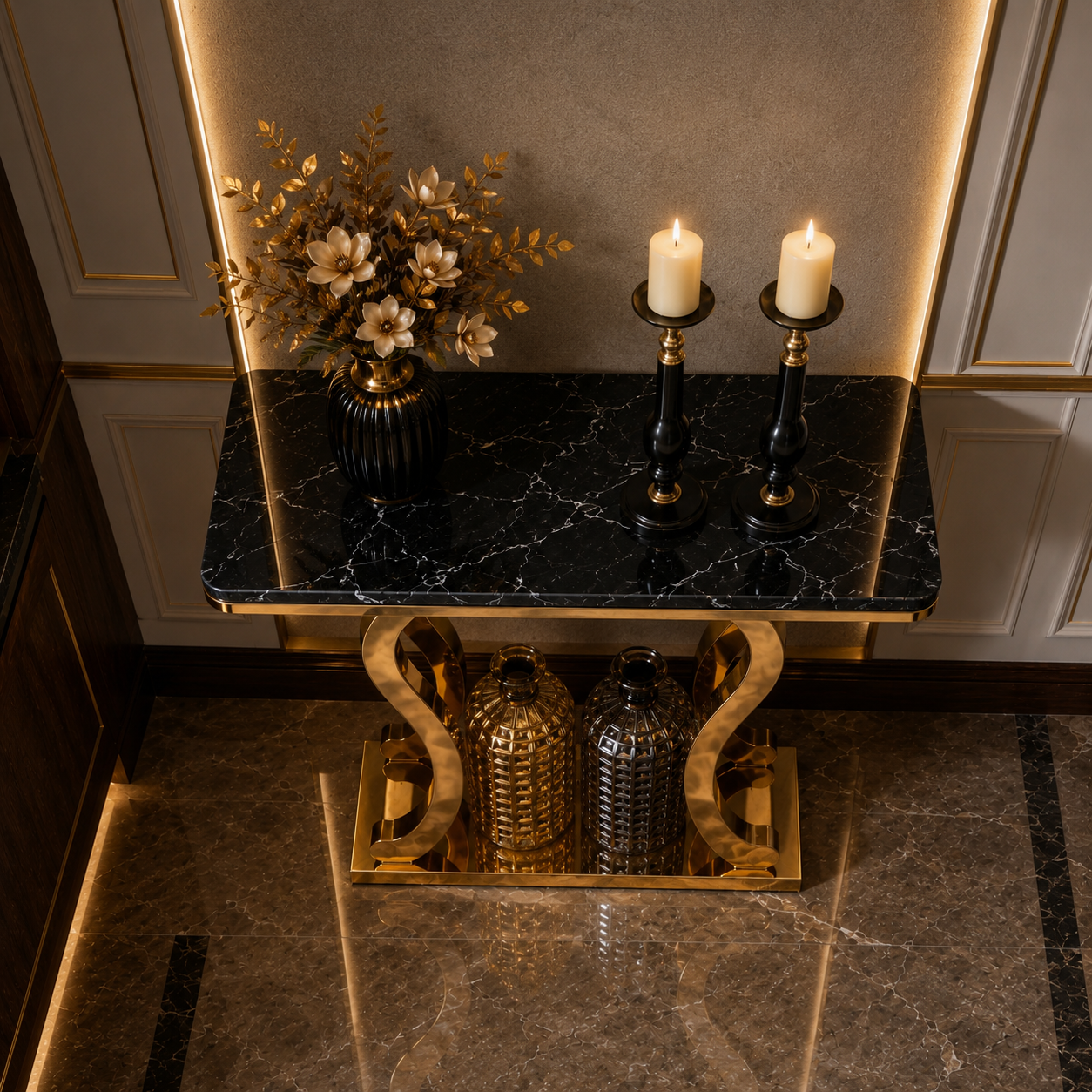Premium Gold Stainless Steel Harp-Shape Console Table – Marble Top