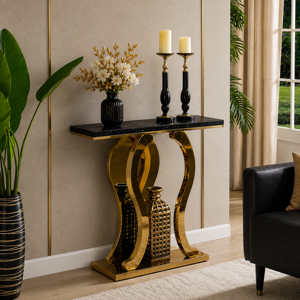 Premium Gold Stainless Steel Harp-Shape Console Table – Marble Top