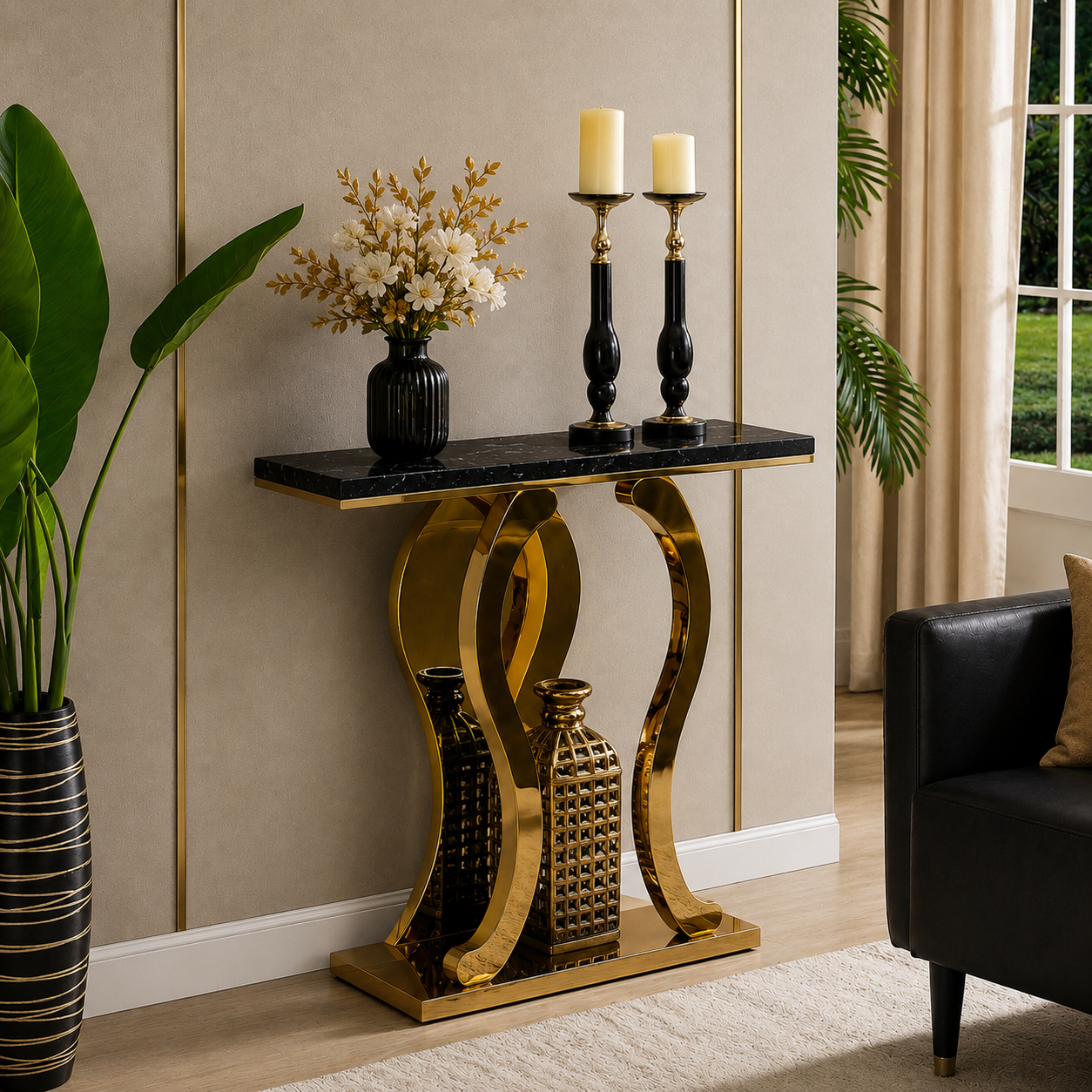 Premium Gold Stainless Steel Harp-Shape Console Table – Marble Top
