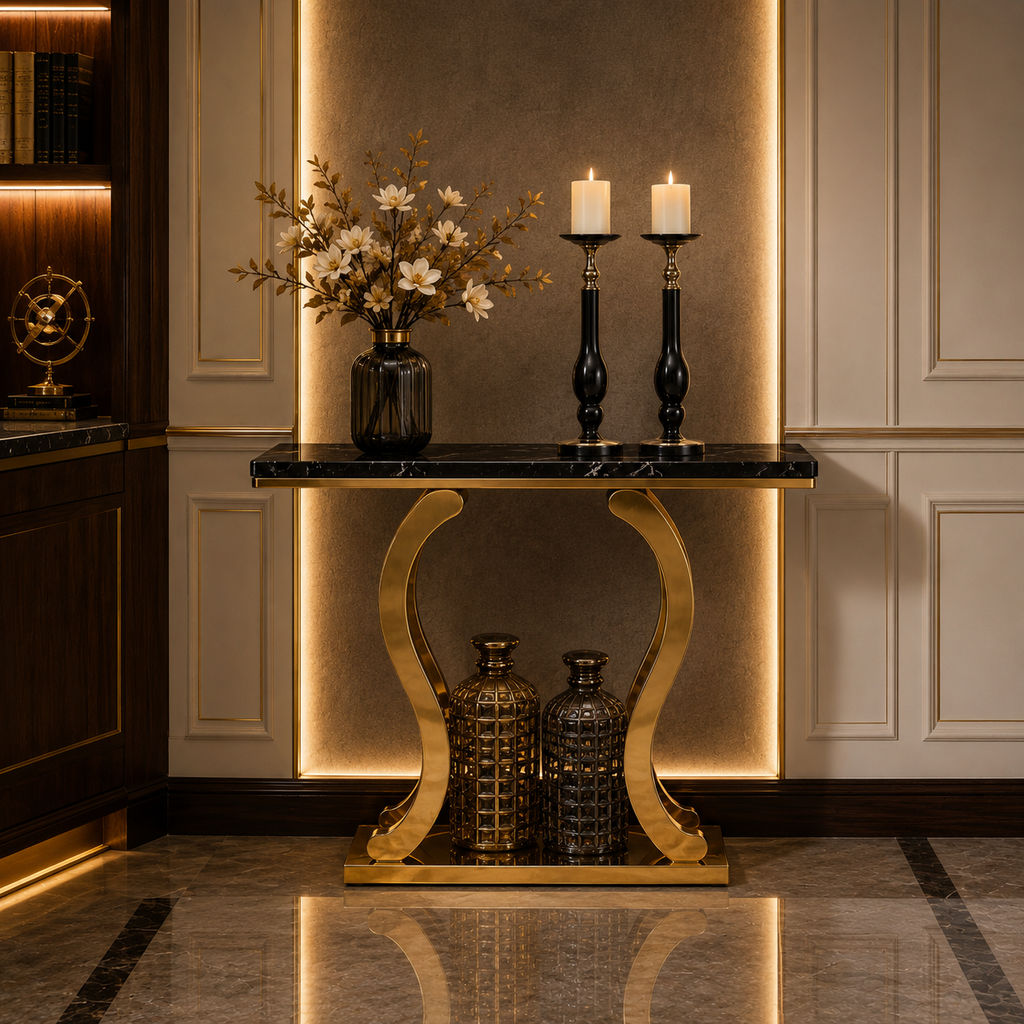 Premium Gold Stainless Steel Harp-Shape Console Table – Marble Top