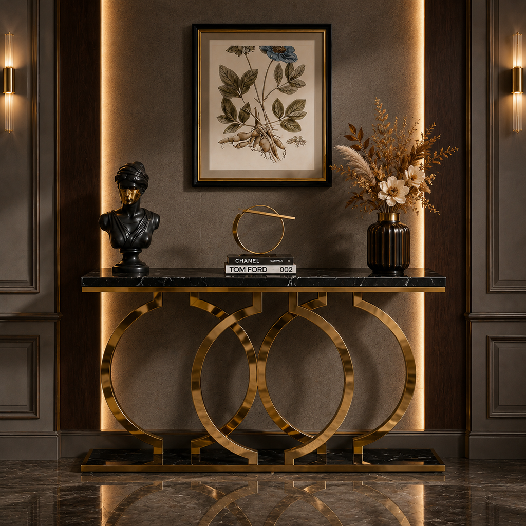 Modern 3-Ring Geometric Gold SS Entryway Table with Marble Top