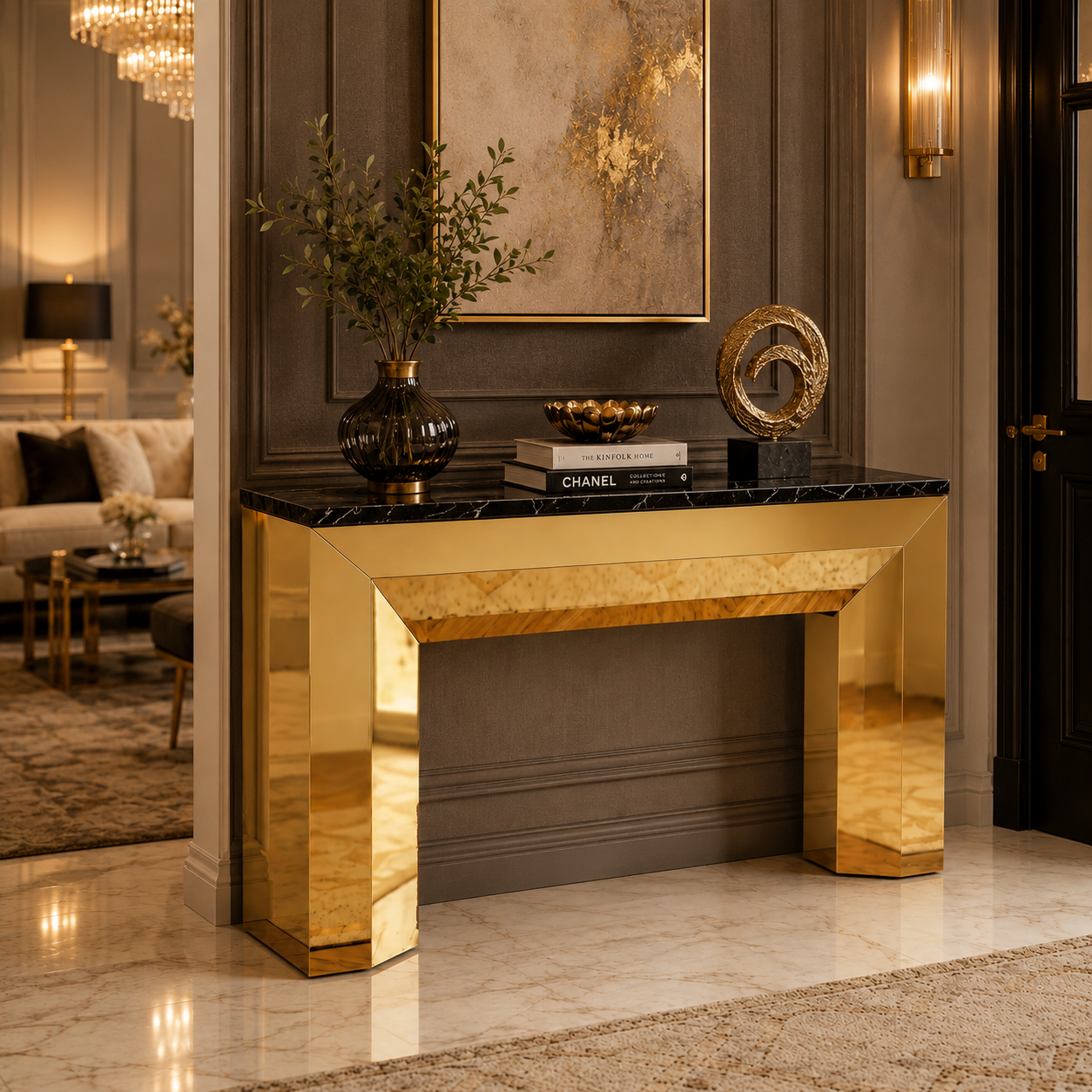 Luxury Block Frame Gold SS Console Table with Marble Top