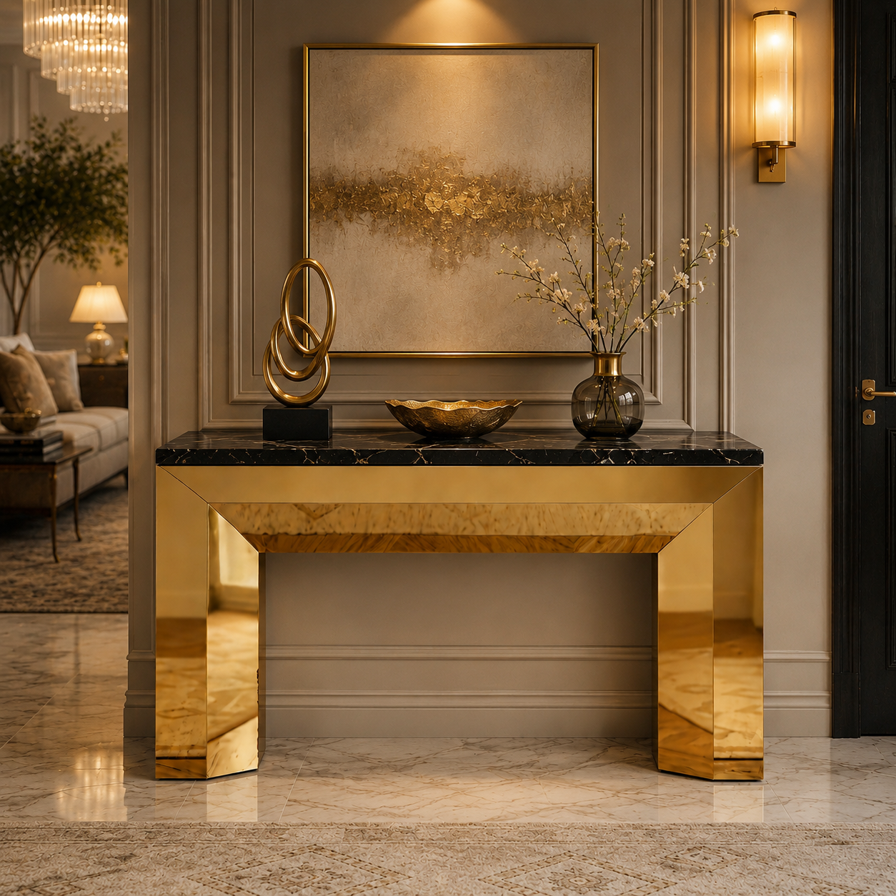 Luxury Block Frame Gold SS Console Table with Marble Top