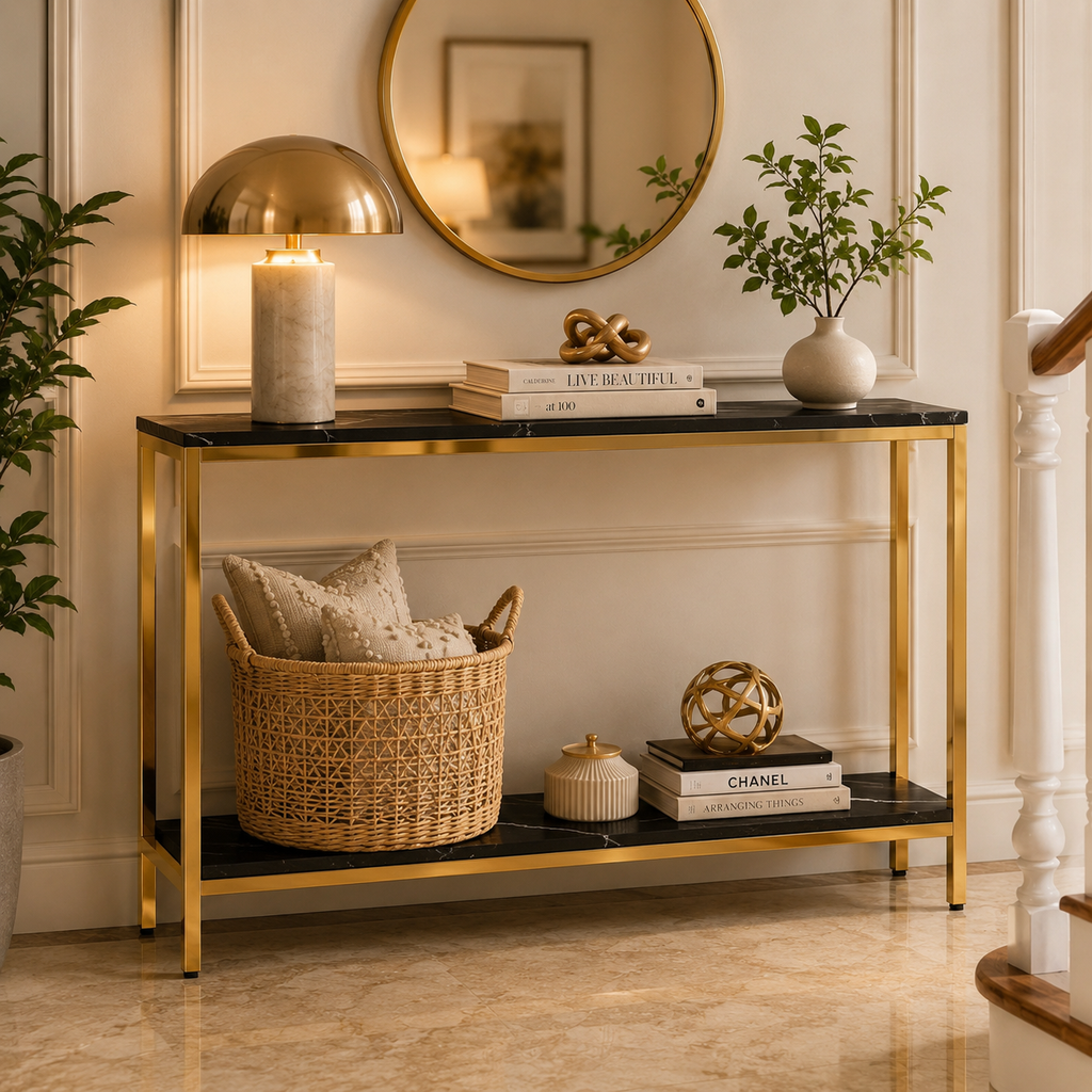 Contemporary Gold Stainless Steel Slim Rectangular Console Table