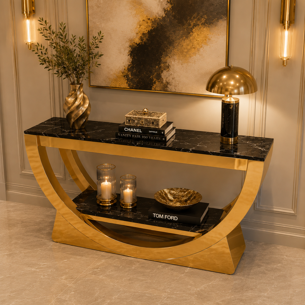 Contemporary Gold Stainless Steel Curved Boat-Base Console Table