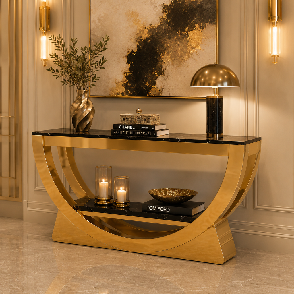 Contemporary Gold Stainless Steel Curved Boat-Base Console Table