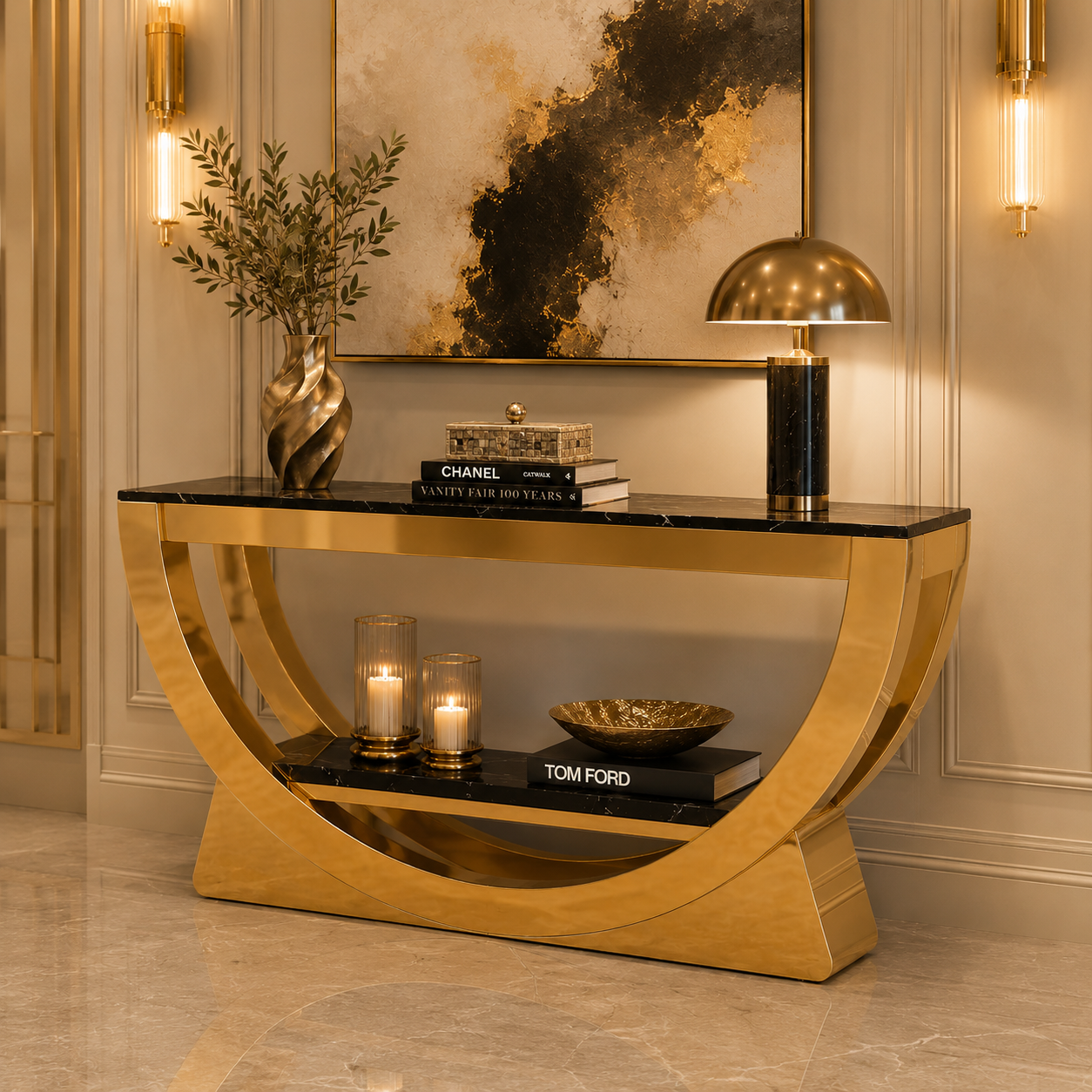 Contemporary Gold Stainless Steel Curved Boat-Base Console Table