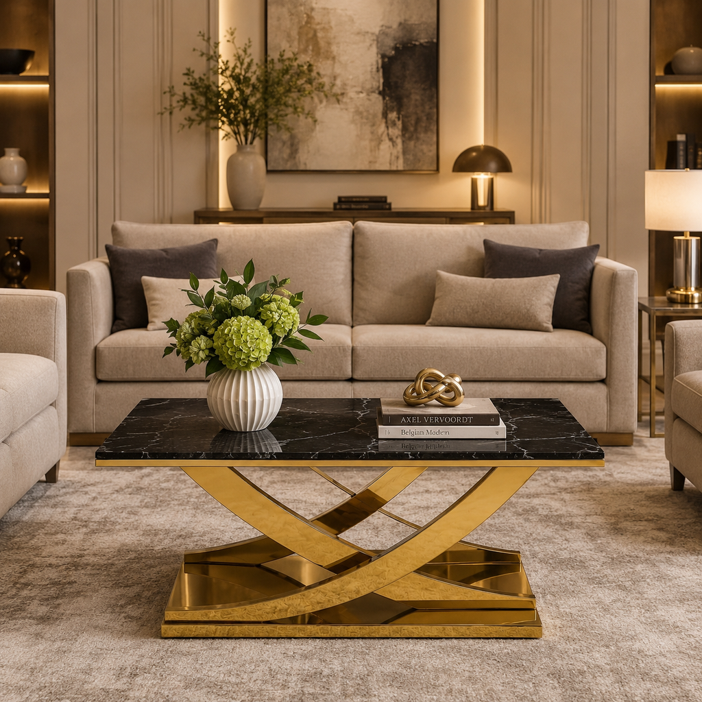 Modern Intersecting Wave Gold SS Center Table with Marble Top