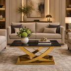 Modern Intersecting Wave Gold SS Center Table with Marble Top
