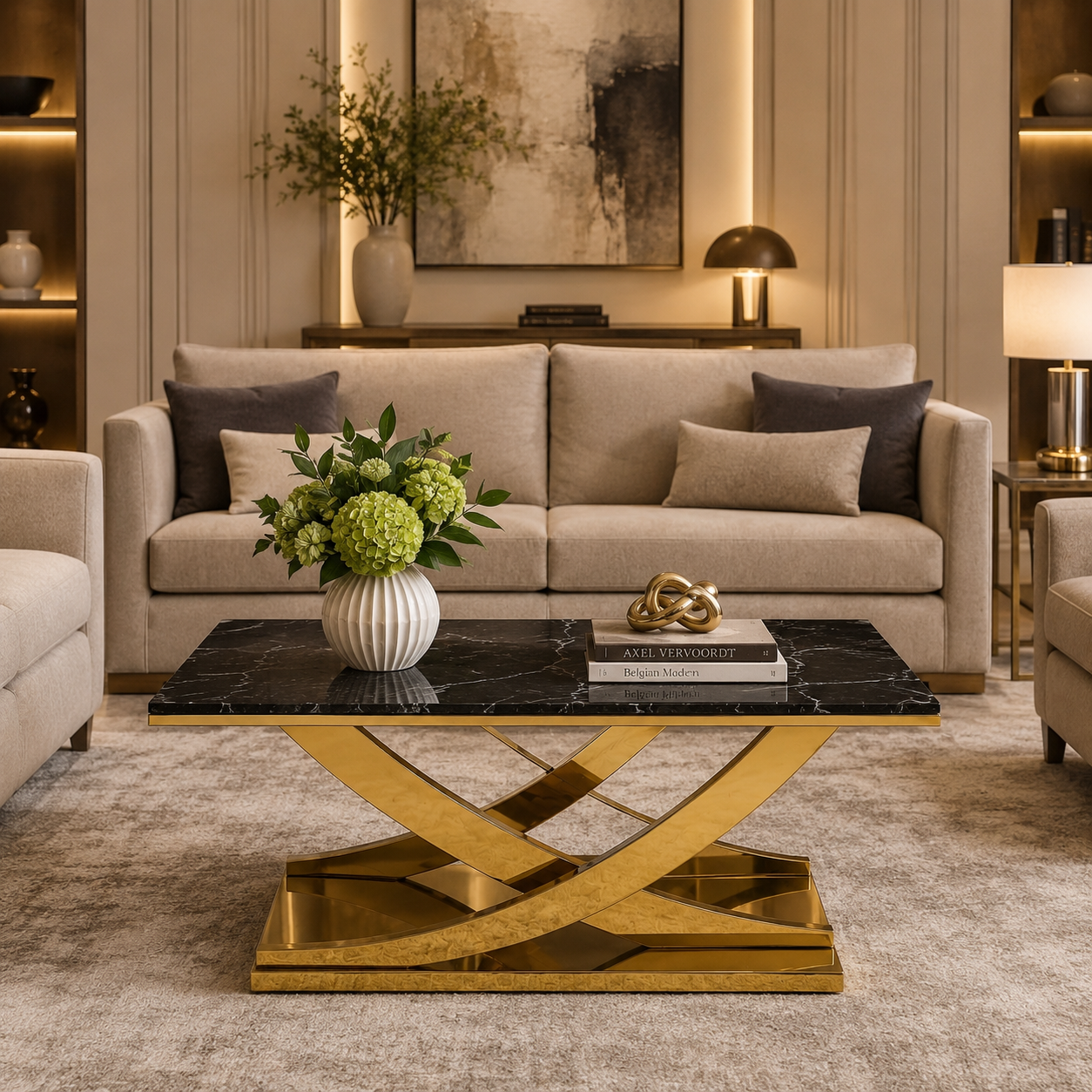 Modern Intersecting Wave Gold SS Center Table with Marble Top