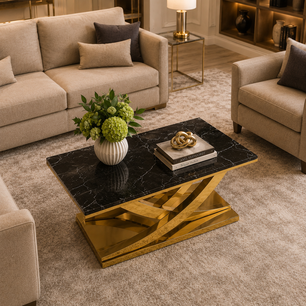 Modern Intersecting Wave Gold SS Center Table with Marble Top