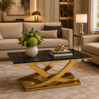 Modern Intersecting Wave Gold SS Center Table with Marble Top