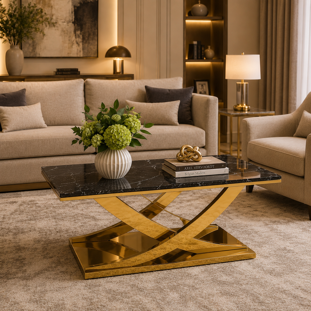 Modern Intersecting Wave Gold SS Center Table with Marble Top