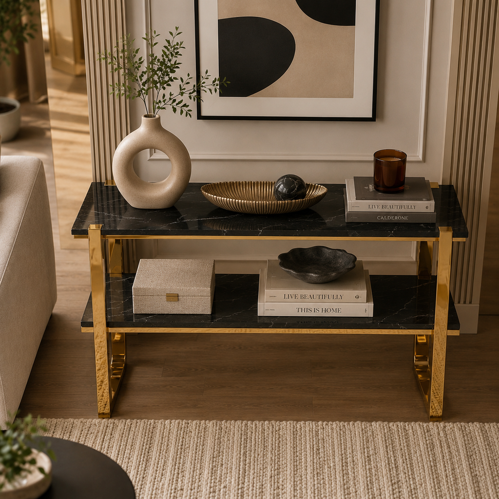 Modern Geometric Multi-Layer Gold SS Console Table