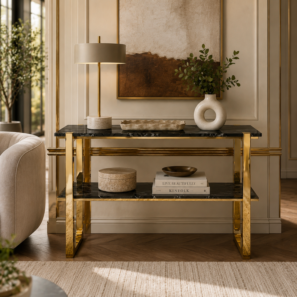 Modern Geometric Multi-Layer Gold SS Console Table