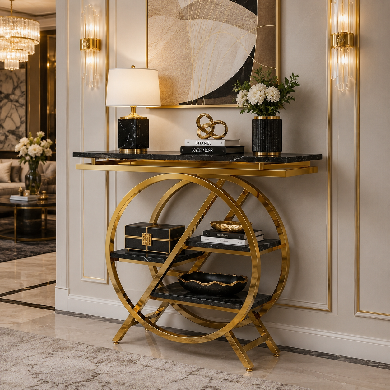Premium Gold Stainless Steel Round Geometric Display Console Table
