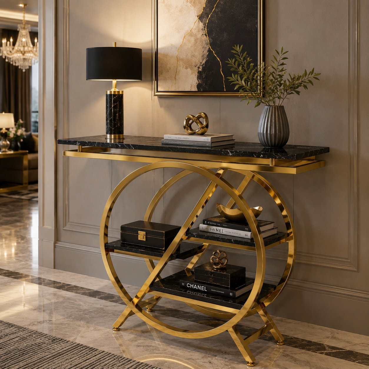 Premium Gold Stainless Steel Round Geometric Display Console Table