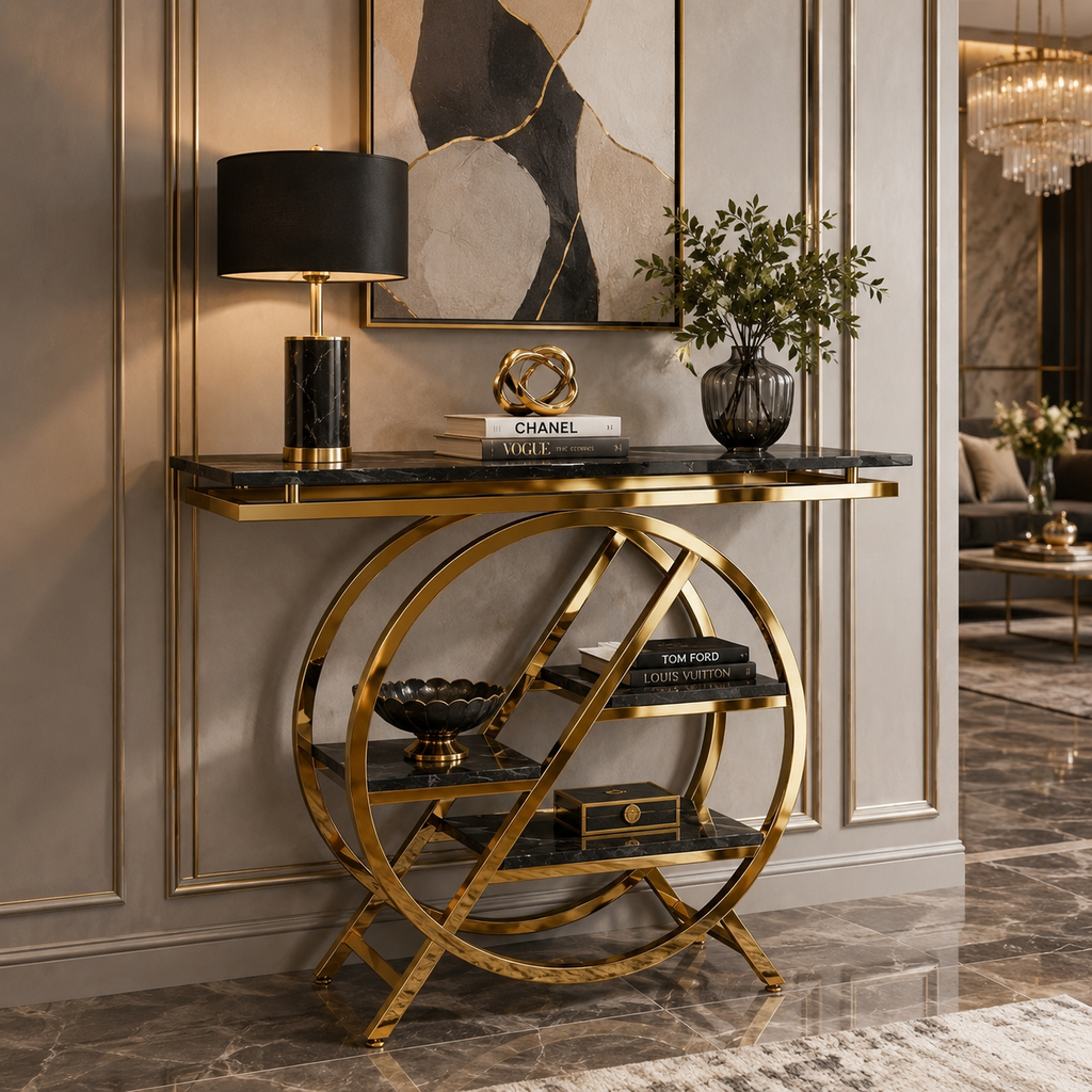 Premium Gold Stainless Steel Round Geometric Display Console Table