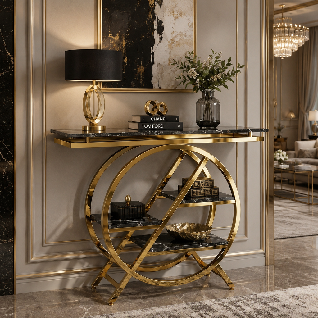 Premium Gold Stainless Steel Round Geometric Display Console Table