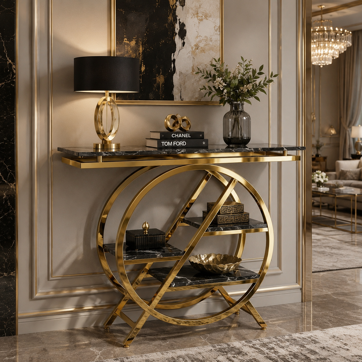 Premium Gold Stainless Steel Round Geometric Display Console Table