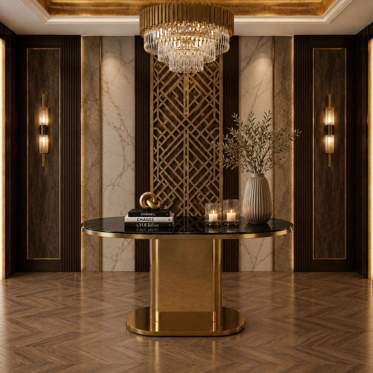 Elegant Pill-Shaped Gold Metal Luxury Statement Table